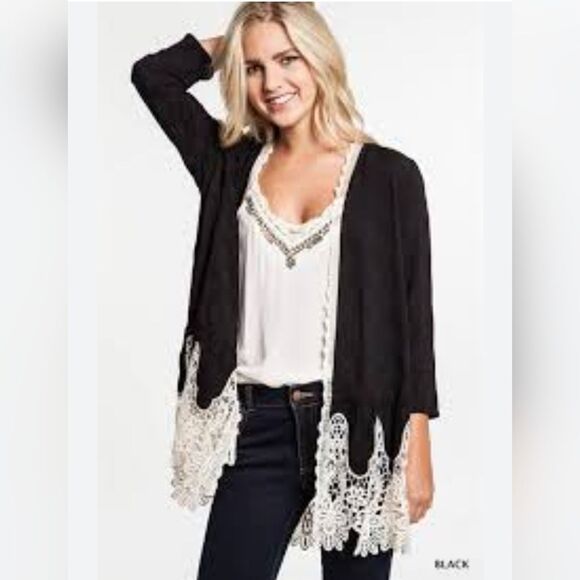 Umgee + Plus Size  2XL Black Checker Kimono with White Lace Trim - Picture 1 of 6